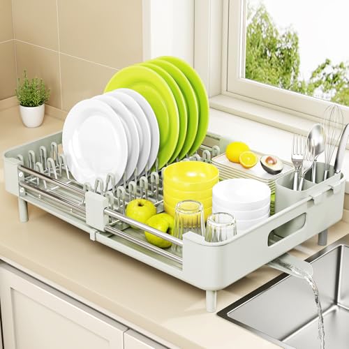 Image of Urackify Extendable Dish Drying Rack, Dual Part Dish Drainers with Non-Scratch and Movable Cutlery Drainer and Drainage Spout, Adjustable Dish Rack for Kitchen, Gray & White
