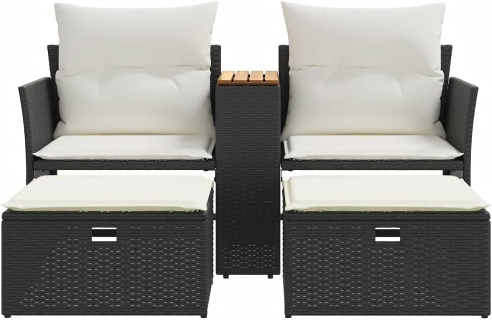 Garden Sofa Black PE Rattan, 2-Seater Outdoor Lounge Set with Adjustable Feet, UV Resistant Patio Furniture for Balcony, Terrace, and Garden Patio Chair