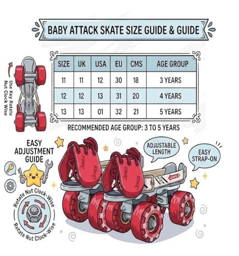 Image of Jonex Unisex Deluxe Adjustable Quad Roller Skates for Junior Kids (3-6 Years), Indoor Outdoor Wheels, Metal Body, 55 mm Wheels, Color - Red