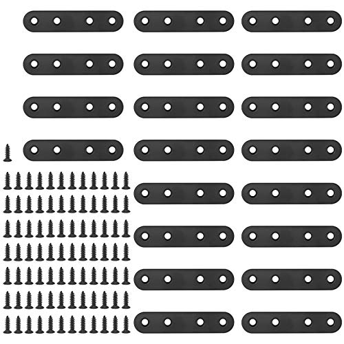 Glarks 20 Sets 80mm Flat Straight Corner Brace Black Metal Joint Plate Connector Repair Fixing Bracket with 85Pcs Screws for Wood Furniture (80x2mm)