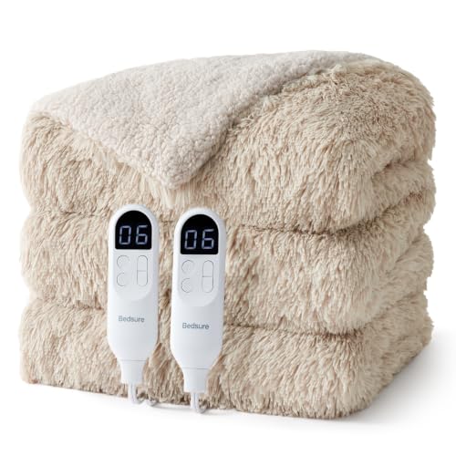 Image of Bedsure Faux Fur Long-Pile Heated Blanket King Size, Dual Control, Beige