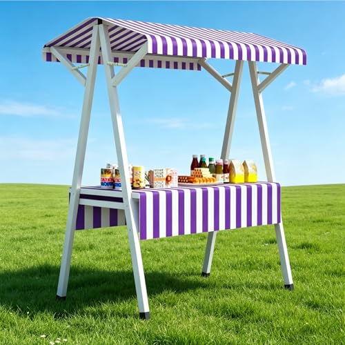 Metal Outdoor Vendor Cart with Canopy - Farmers Market Stand, Food Display Cart for Snacks, Crafts, Events(Purple Striped,100cm/39.4in)