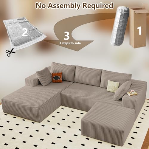 Image of 96 inch U-Shape Cloud Couch, Modern Modular Sectional L-Shape Sofa with Ottoman, Corduroy Upholstered Couches Deep Seat Chaise Longue for Living Room, No Assembly Required(Camel, Left Facing)