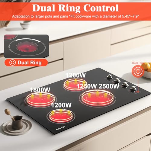 Image of 29.13 Inch Electric Cooktop(Cut-out Size: 29.13 inchx19.3 inch) - 30 Inch 4 Burner Built-in Ceramic Stove 6700W, 240V Electric Cooktop 30 inch Knob Control, Child Lock, Timer, 220V Hard Wired (No Plug)