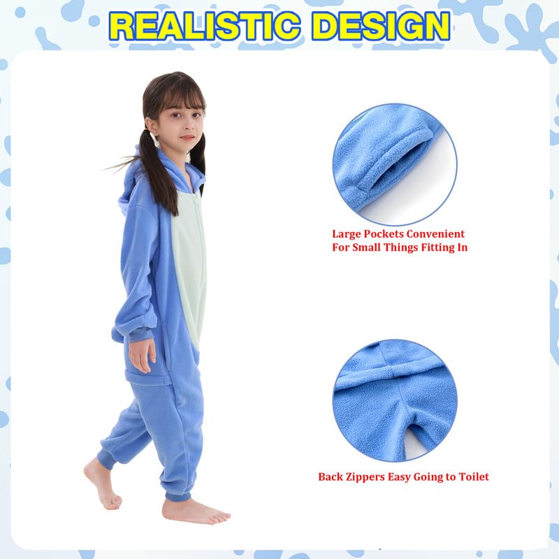 Pyjama Une pièce Bleu à Motif Dessin, Pyjama Doux en Polaire avec Capuche, grenouillère Amusante et Confortable