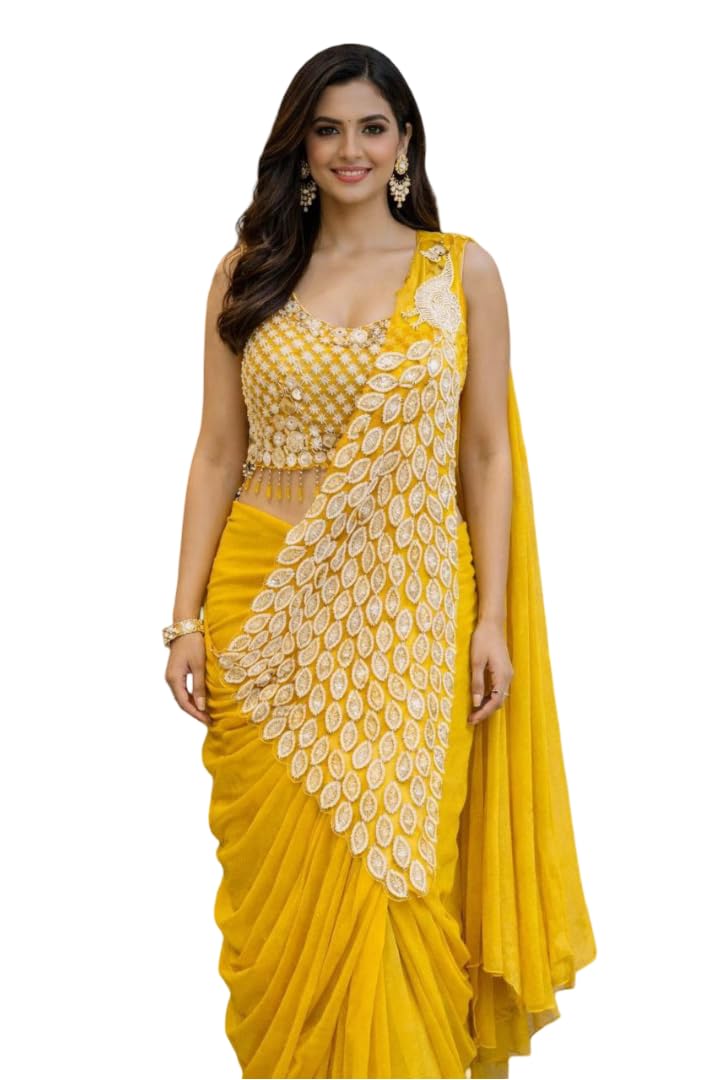 jbpipaliya Ready to Wear Saree for Women with Embroidered Koti Style Blouse - Crepe Silk Fabric with Sequins Cording Work, Pre Draped Saree for Wedding, Festive and Reception Use-picture-14
