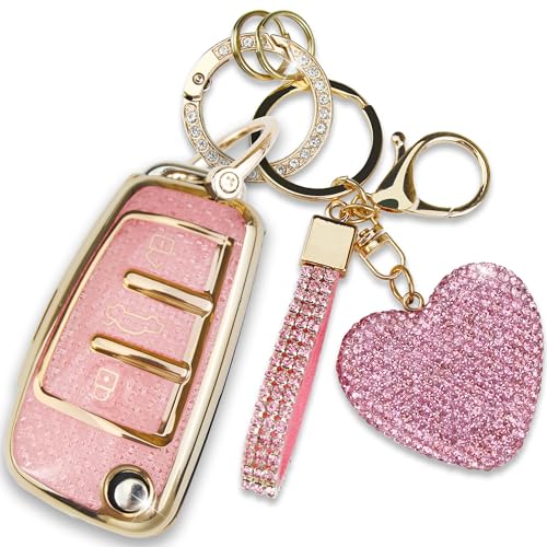 Simocky Compatible with Audi Key Fob Cover with Heart Keychain for Women (3 Buttons)