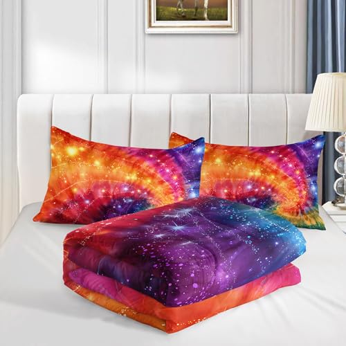 Image of AILONEN Tie Dye Comforter Set Full Size,Colorful Rainbow Spiral Bedding Set 3Pcs for Girls Women Room,Bohemian Galaxy Stars Quilt with 2 Pillowcases