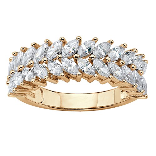 14K Yellow Gold over Sterling Silver Marquise Cut Cubic Zirconia Double Row Leaf Ring Size 7