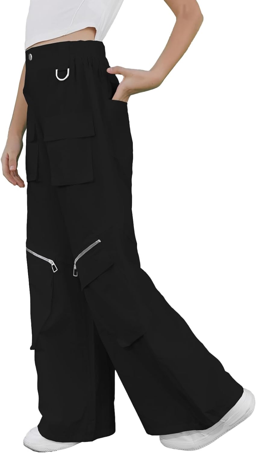 Cromoncent Girls' Cotton Baggy Cargo Pants Multi Pockets Y2K Pants with Two Zippers, Black, 7-8 Years = Tag 140