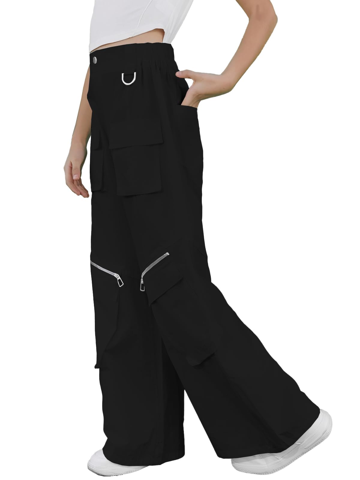 Cromoncent Girls' Cotton Baggy Cargo Pants Multi Pockets Y2K Pants with Two Zippers, Black, 11-12 Years = Tag 160