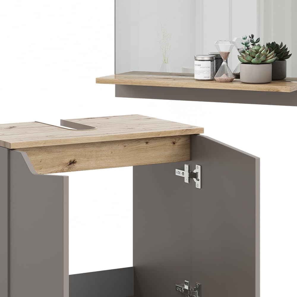 Vicco Combinación de Muebles de baño Marelle, Gris, 60 cm | compuesto por mueble bajo lavabo, espejo con armario y columna de baño