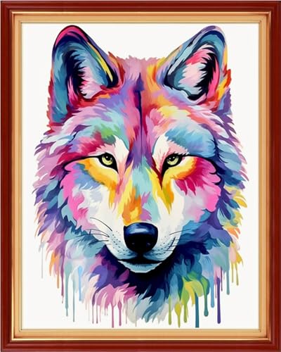 Image of Magxvouy Cross Stitch Kits Stamped Full Range of Embroidery Kits,Cross Stitch Patterns Needlework Kits for Beginners 11CT Printed Kits&Colorful Wolf 16x20 inch