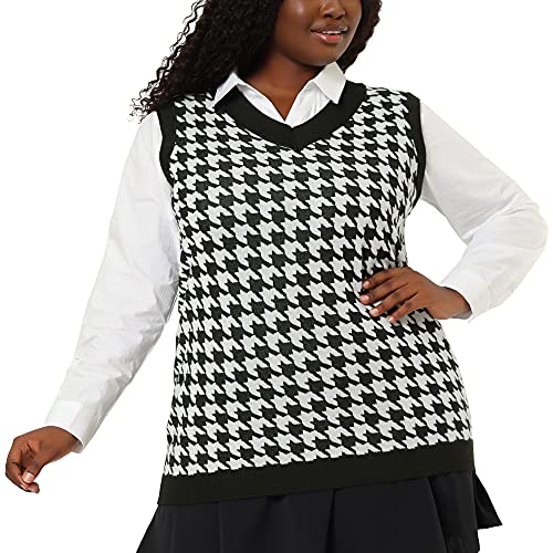 Agnes Orinda Plus Size Sweater Vest For Women V Neck Sleeveless Houndstooth Knit Pullover Sweater Vests Christmas 2X Black White #TOP17