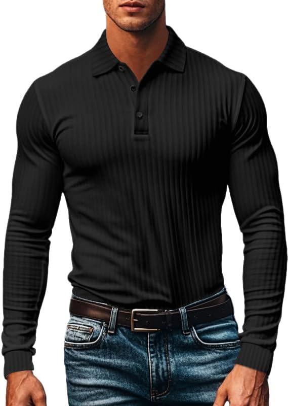 - Long Sleeve Ribbed Polo for Men Button Collared Slim Fit Base Layer Shirts Casual Work Golf Polos Shirt