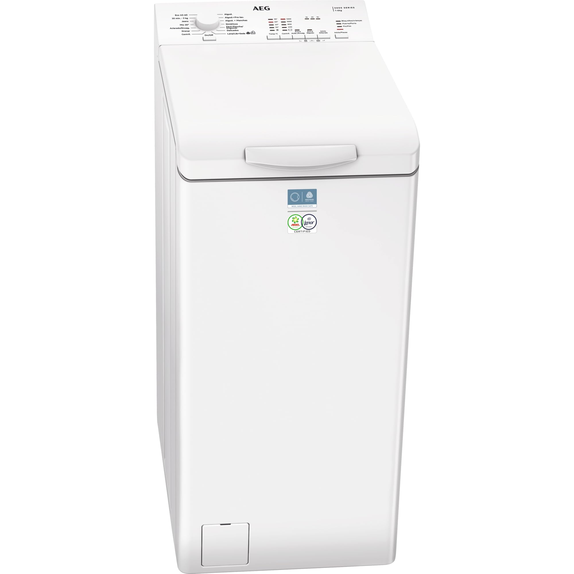 AEG Lavadora de Carga Superior 6 kg, LTA5N6230E, Serie 5000 AutoSense, 1200 rpm Motor Inverter, Certificado WoolMark Blue, Técnología AirFlow, Inicio Diferido, TimeSave, Blanco