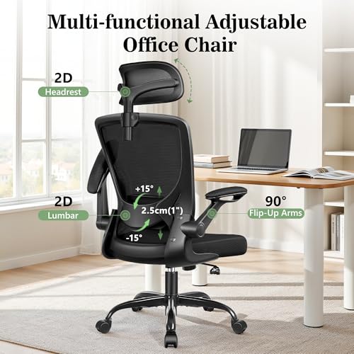 Image of Ergonomic Office Chair, Breathable Mesh Desk Chair for Home Office, 4 Pack | Adjustable Lumbar Support for Back Pain Relief, Computer Chair Comfy for Long Hours, Space-Saving Flip Padded Armrests, Black