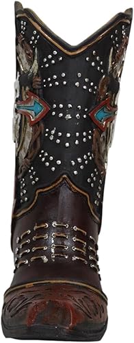 Miniatura 3 de Ebros Gift Rústica Country Western Cow Skull Turquesa Cruz y Alambres de púas de cuero sintético de vaquero Bota de vaquero decorativa florero o