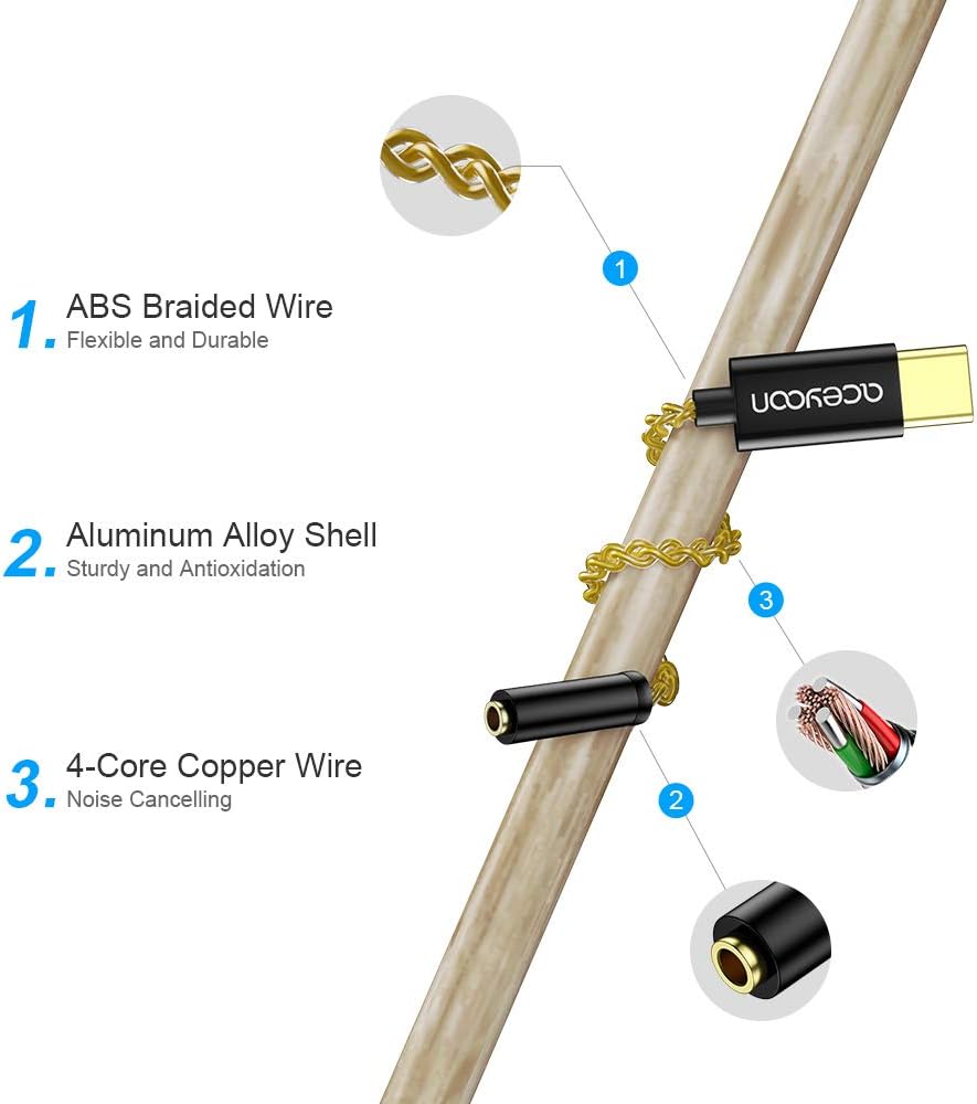 aceyoon USB C to 3.5mm Audio Adapter Headphone Jack Adapter with DAC Chip Type C Aux Connector Dongle Cable Compatible with Samsung Galaxy S21 S20 Ultra S20+ Note 20 10 S10 S9,Pixel 5 4 3 XL