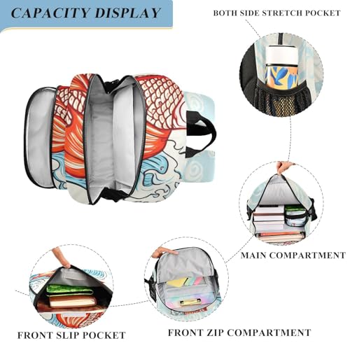 Kids School Backpack for Boys Girls, Cute Japanese Fish Blue Large Kids Backpack with Chest Strap, 6-12 Y School Bag with Front Flap, 17 Inch4