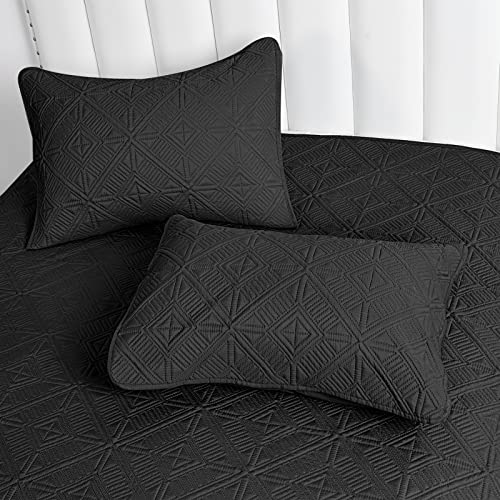 Phf Lightweight Summer Quilt Set Full Queen Size, 3Pcs Ultra Soft Ultrasonic Bedspread, Geometric Square Pattern Coverlet, Drop Nicely Bed Spread 90" X 96"With 2 Pillow Shams, Black #TOP4