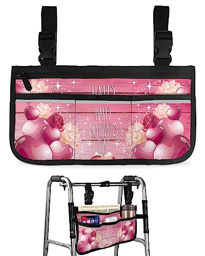 Mother's Day Wheelchair Side Bag Walker Bag, Love Heart Flower Pink Wood Grain Wheelchair Accessories Armrest Pouch, Organizer Storage Bag for Walkers, Rollators, Scooters, 7.3''x13''