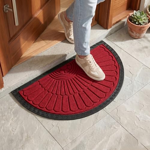 Image of Yellow Weaves Semi Circle Door Mat for Home Entrance, Half Moon Outdoor Rubber Mat - Non-Slip, Anti Skid Half Circle Foot Mat, Dirt Trapper, Heavy-Duty, Waterproof Main Doormat, 45x70 cm | Red