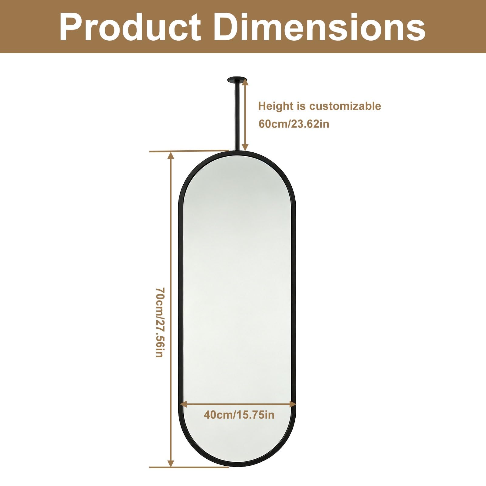 Miroir incassable ovale suspendu au plafond de la maison ou de l'hôtel | Miroirs suspendus simples et élégants,décoration murale,avec cadre et flèche en acier inoxydable brossé(40cmx70cm)