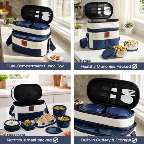 Image of CELLO All Day Meal Lunch Box with Bag for Office Use Blue White | 550ml,375ml,225ml Microwave Safe Containers, 500ml + 300mlx2 Steel Containers, 175ml Salad Box with Spoon & Fork Tiffin Set for Travel