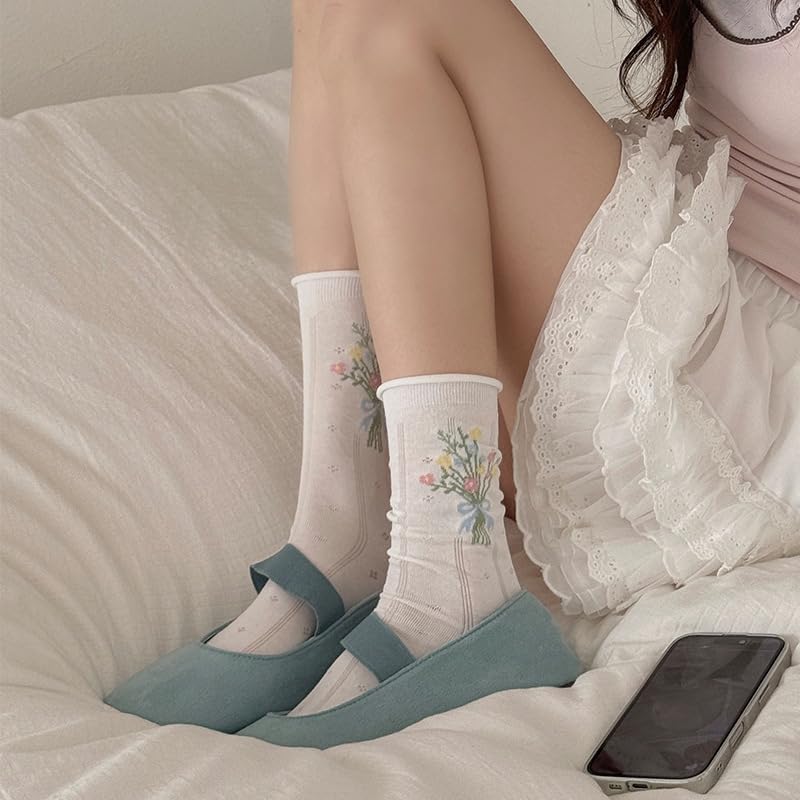 Image of 5 Pairs White Cute Socks, Women's Lace Ruffles Ankle Casual Sock, Cottagecore Breathable Socks, Floral Crew Socks