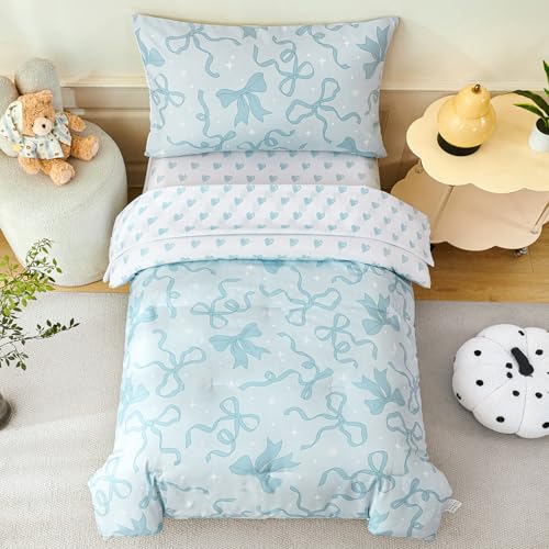 Image of PERFEMET 4 Pieces Light Blue Toddler Comforter Set for Girls, Reversible Blue Bow Printed Toddler Bedding Sets with Sheets, Ultra Soft Lightweight Baby Girl Bed Set for All Seasons