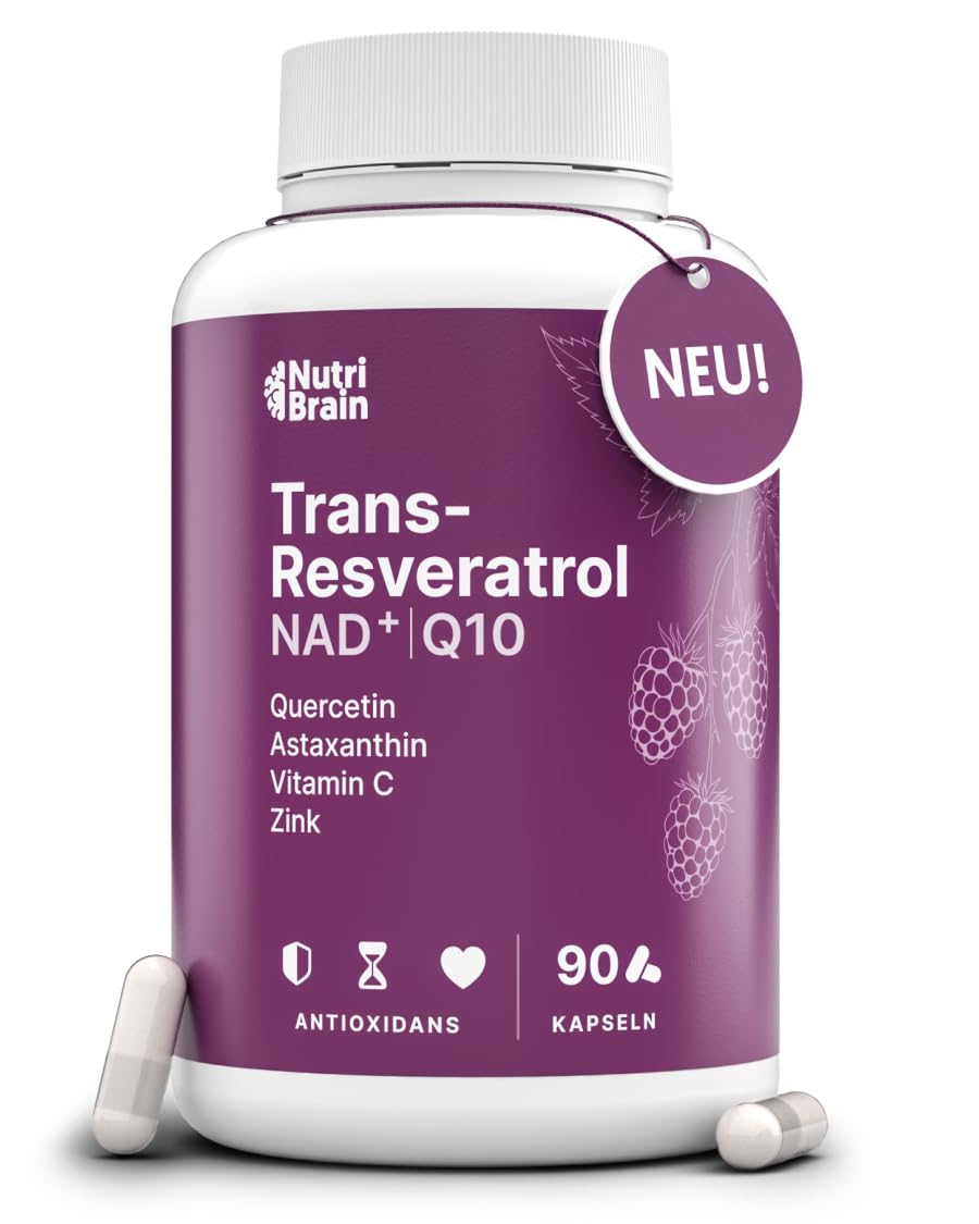 Trans-Resveratrol, NAD⁺, Coenzym Q10, Quercetin, Astaxanthin, Vitamin C & Zink | Antioxidativ, Anti-Aging & Immunsystem | 90 Kapseln | Hochdosiert | Mit 7 synergetischen Wirkstoffen | 3 Monats-Vorrat