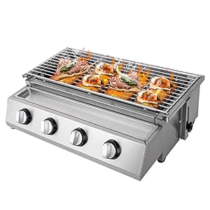 Roestvrijstalen BBQ-gasgrill, 4 vlammen, tafelgrill, in hoogte verstelbaar, LPG gas BBQ grill voor picknick, camping…