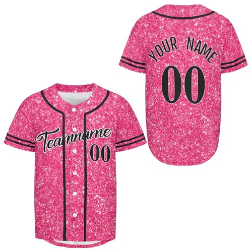Custom Hot Pink Glitter Sparkle Shiny Baseball Jersey Personanlized Name Number Softball Jerseys Sports Uniform for Men Women Youth