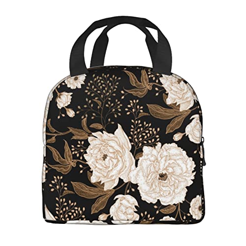 Gold And White Flowers Lunch Bag For Men Women,Insulated Cooler Box Lunch Tote Bag For Beach Work Picnic Travel #TOP2