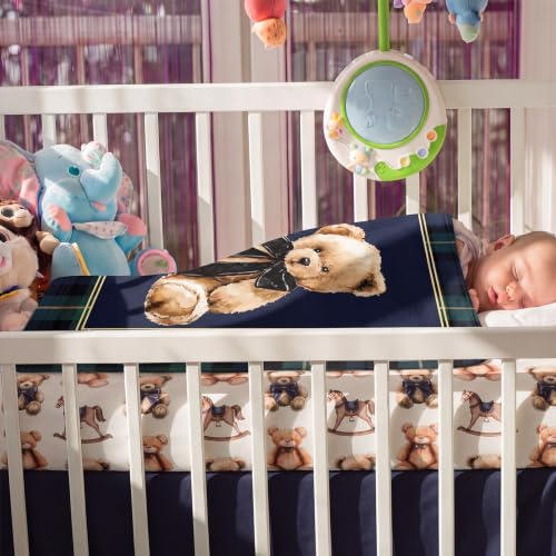 Image of Hahafelt 3 Pcs Tartan Plaids Bear Baby Crib Bedding Set Teddy Bear Plaid Theme Decor for Infant Bed Includes Quilt, Fitted Sheet, Skirt for Baby Boy Gifts