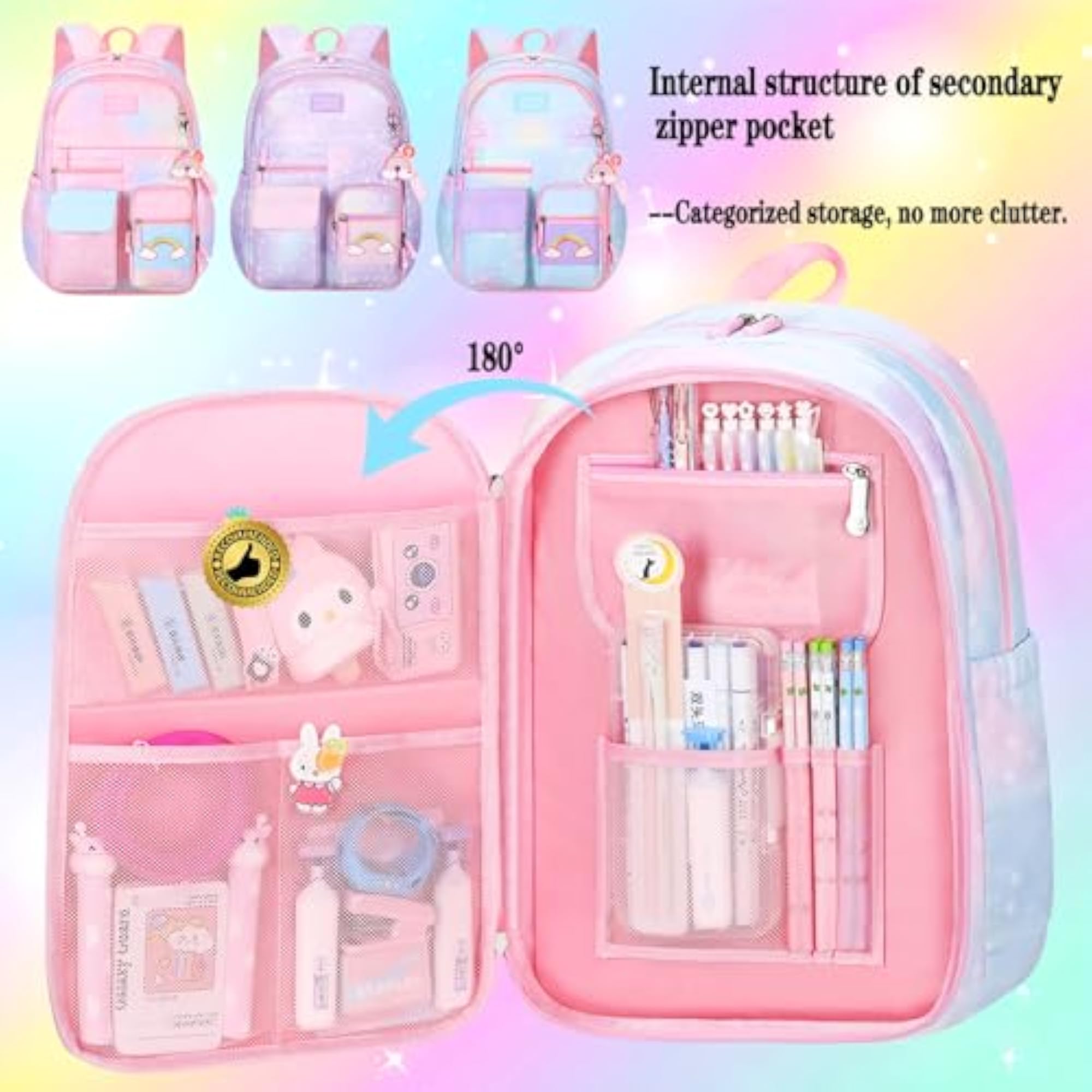 Starry Rainbow Girls Backpack, Large Capacity