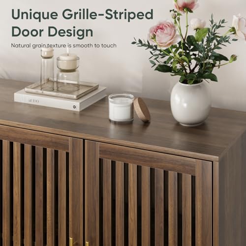 Image of Smart FENDEE 63 inch Long Sideboard Buffet with 4 Slatted Doors, Farmhouse Buffet Storage Cabinet with Adjustable Shelf, Coffee Bar Cabinet for Entryway, Kitchen, Dining Room, Living Room, Walnut Color