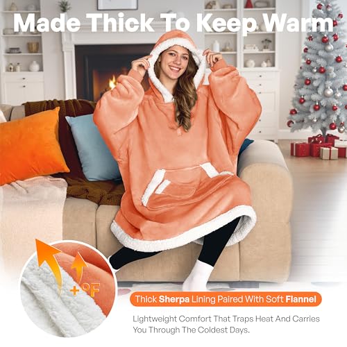 Image of Giggling Getup Wearable Blanket Hoodie for Women Men Gifts for Women Mom Wife Sherpa Fleece Hooded Blanket Sweatshirt Cozy Sherpa Wearable Throw with Pocket & Sleeves for Adult Standard Coral Orange