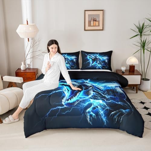 Image of Dinosaur Bedding Set Full Size Kids 3D Dino Print Comforter Set for Boys Girls Teens Jungle Dino Duvet Quilt Breathable Soft Microfiber Lightning Blue Room Decor Wild Animal
