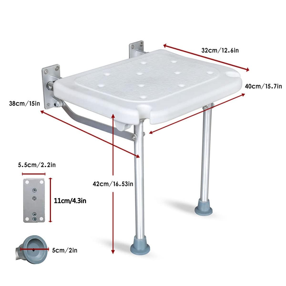 Asiento de Ducha Plegable, Asiento de Ducha montado en la Pared para niños, Personas Mayores, discapacitados, Plegable, Compuesto Blanco, 15.7 x 12.6 Pulgadas, para baño, Zona de Zapatos, Pasillo.