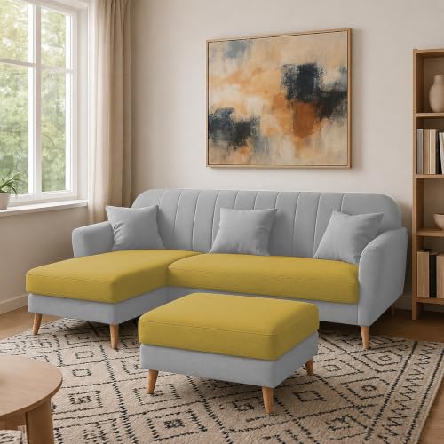 Image of Atticus LHS 4 Seater L Shape Sofa Set with Ottoman for Living Room (Yellow Grey Fabric) Premium Fabric Sofa Set