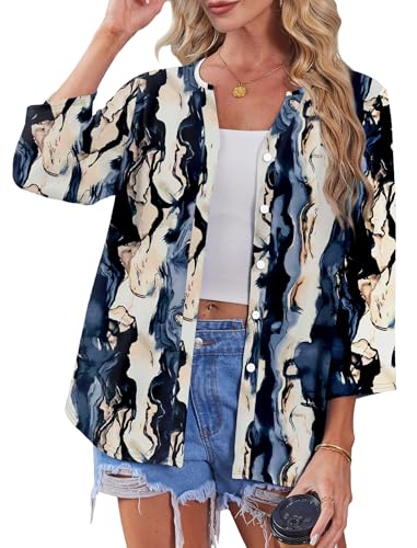Image of OFEEFAN Button Down Shirts for Women 3 /4 Length Sleeve Tops V Neck Blouses Business Casual Outfits Loose Fit