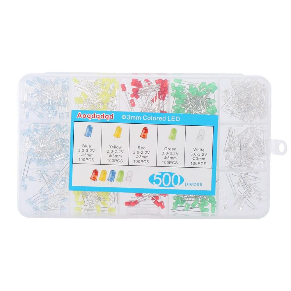 HOBBYIN 500Pcs 3mm LED Diodes Assortment Kit Round Diffused Led Light Emitting Diode Circuit LED Assorted Set,(White/Red/Yellow/Blue/Green)