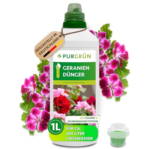 Purgrün Geraniendünger 1 Liter Organisch-mineralische Rezeptur Premium-Flüssigdünger mit Spurennährstoffen NPK 5+7+8 Mit Guano für prächtige Blüten Konzentrat für 200 Liter Gießwasser