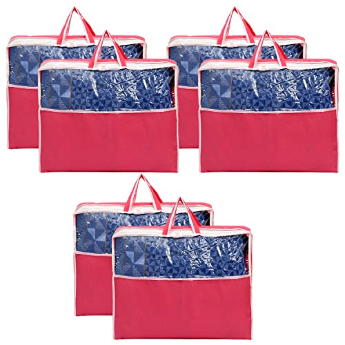 Image of Heart Home Multiuses Non-Woven Clothes Storage Bag /Wardrobe Organizer /Saree Cover With Top Tranasparent Window- Pack of 6 (Pink)