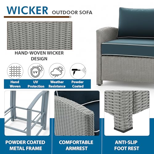 Image of OUTLIVING Outdoor Sofa Set || Patio Furniture Sets || Balcony Sofa || Indoor Sofa || Wicker Rattan Garden Sofa Set with Cushion and Center Table (6 Seater Grey with Navy Blue Cushions)