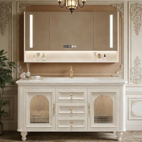 Fayinn French Vintage Freestanding Bathroom Vanity, Cream White Vanity with