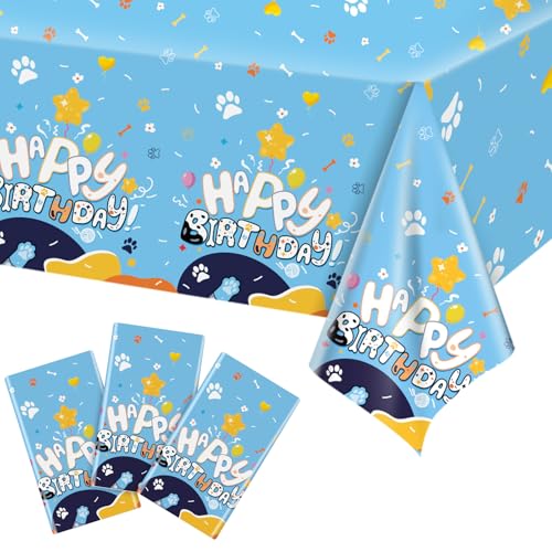 Image of Oudain 3 Pack Blue Dog Party Tablecloth Dog Them Birthday Decor 108'' x 54'' Blue Yellow Plastic Table Cloth Puppy Paw Prints Bone Disposable Rectangle Table Cover for Baby Shower Party Supplies