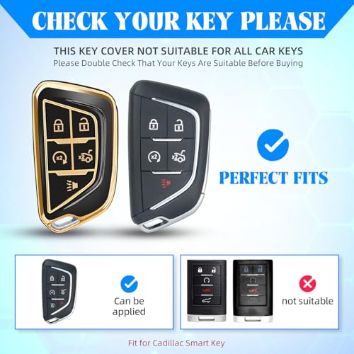 Image of QBUC for Cadillac Key Fob Cover with Leather Keychain (Gold Trim Black) | Soft TPU Protection Case Compatible with 2020-2026 Cadillac Escalade Lyriq Optiq 5-Buttons